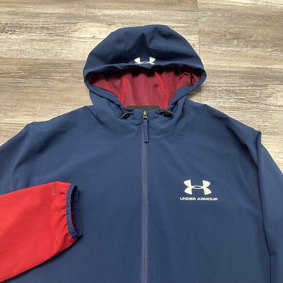 Under Armour Jacket Windbreaker Track Heat Gear Storm Red‎ Blue M Loose Hooded - Picture 1 of 9